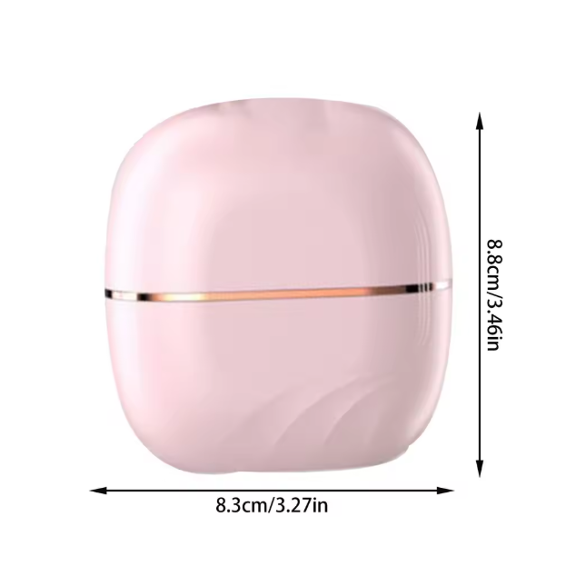 Pink electronic device with gold accents and dimensions indicated on a white background