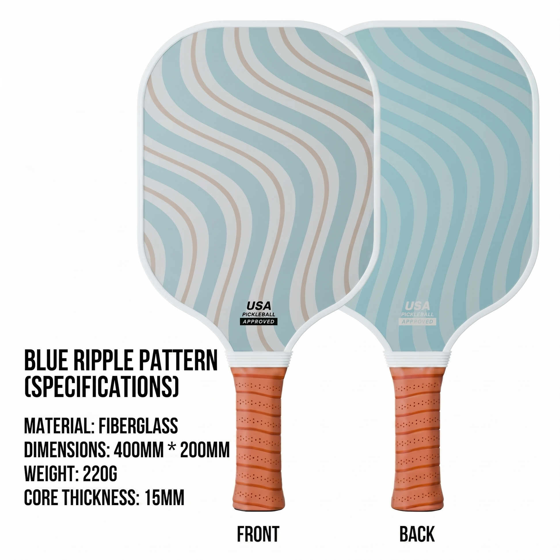 Two pickleball paddles with blue ripple pattern on a white background