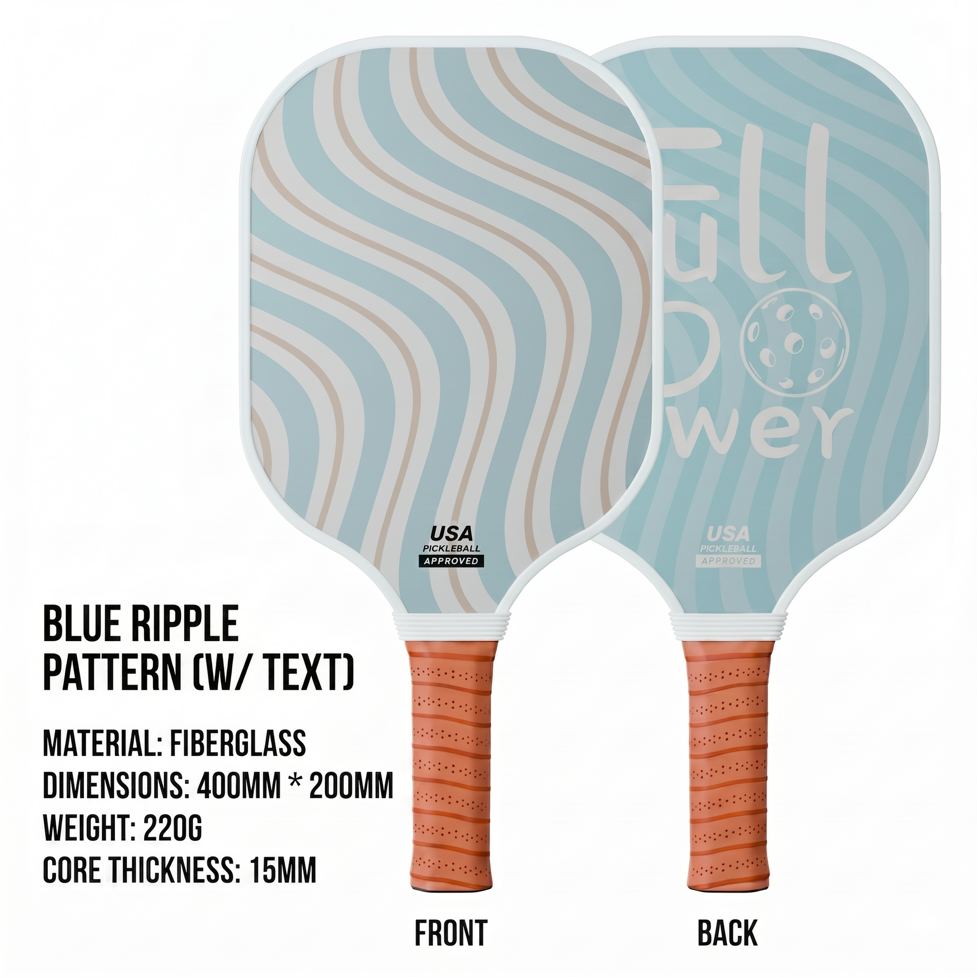 Blue ripple pattern pickleball paddle with text and branding on a white background