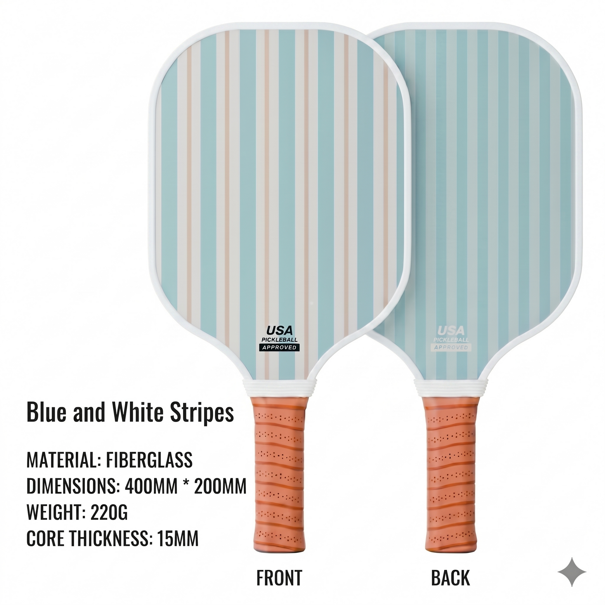 Two pickleball paddles with blue and white striped design on a white background