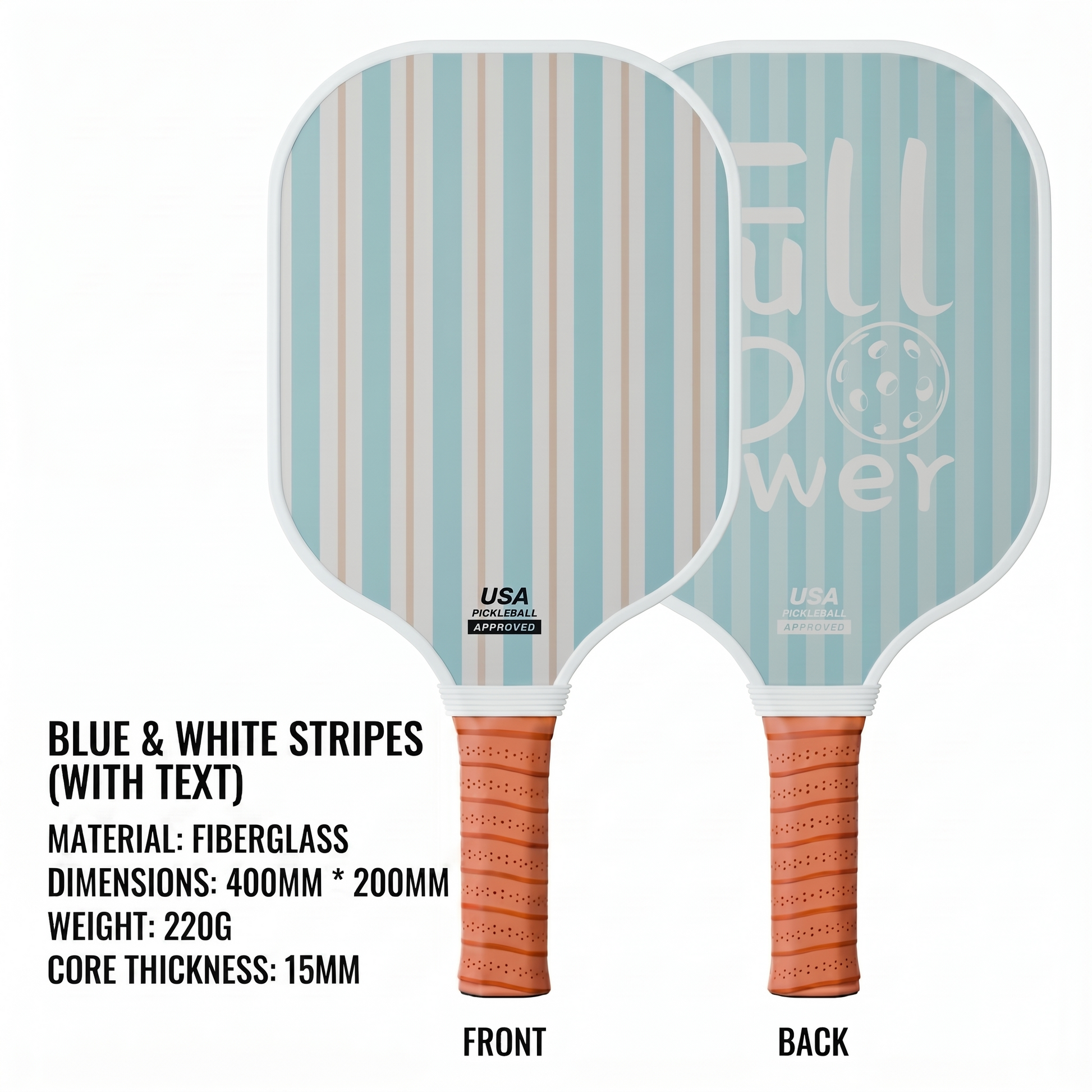 Pickleball paddle with blue and white striped design and text on a white background