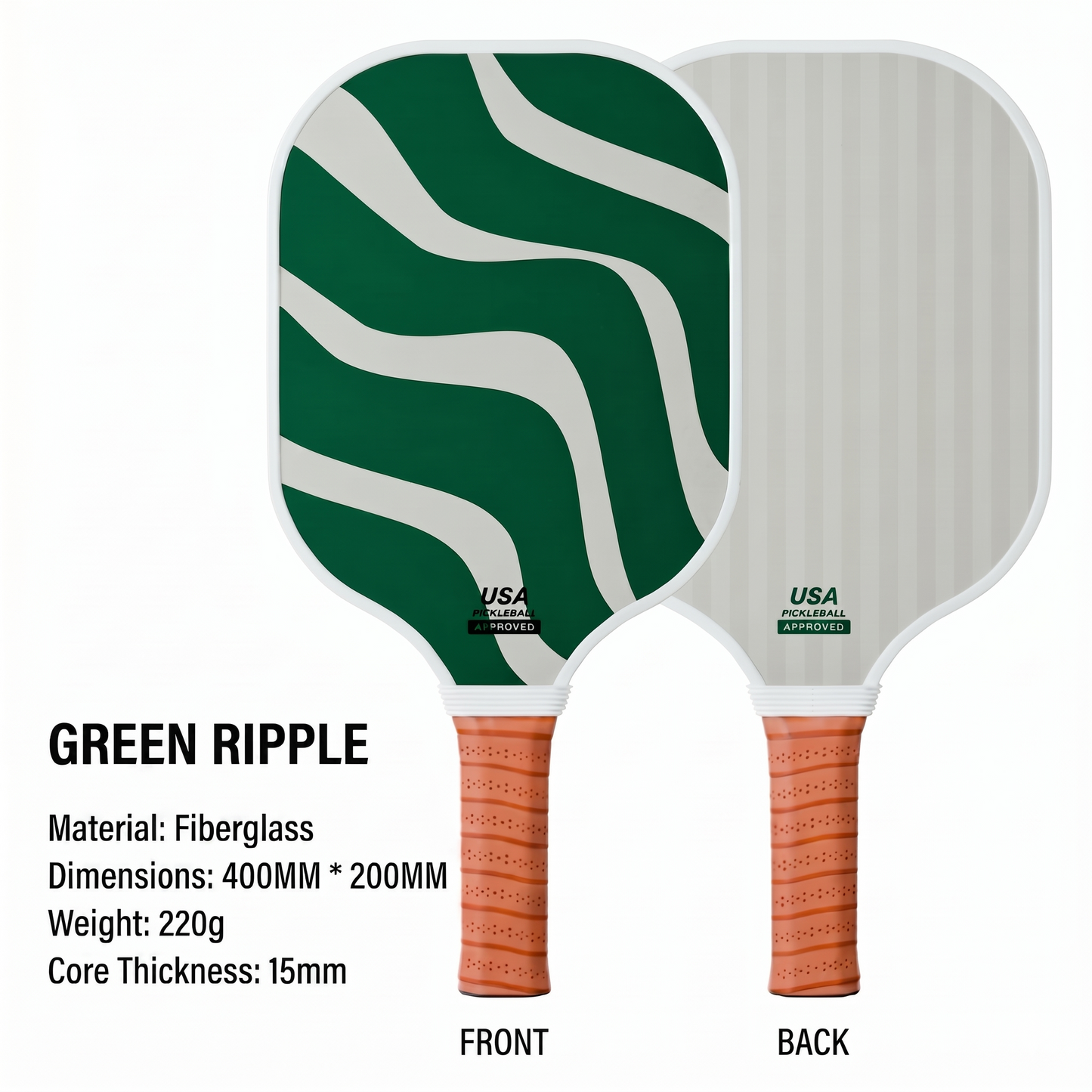 Green and white pickleball paddle with wavy pattern on a white background