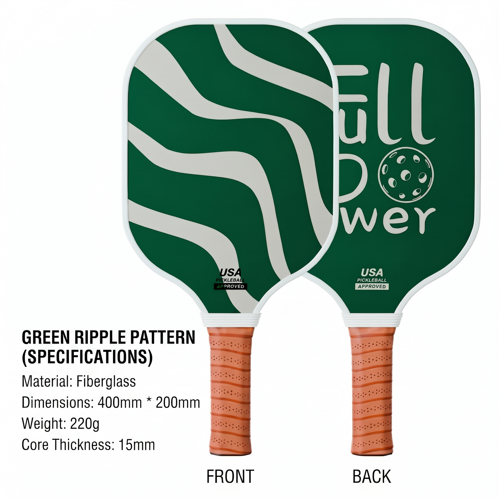 Green pickleball paddle with 'Full Power' branding on a white background