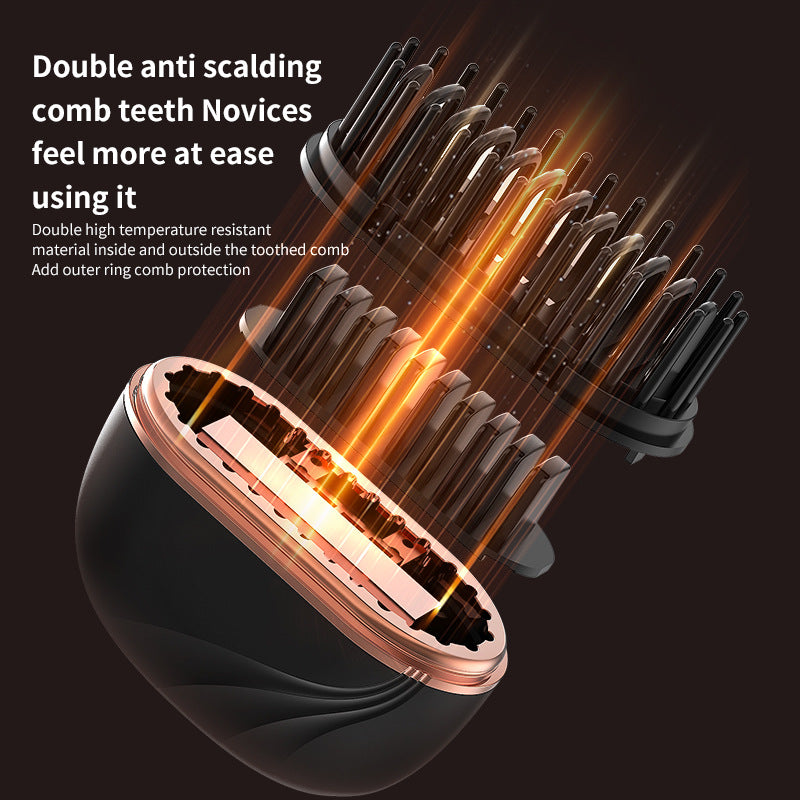 Close-up of a hairbrush with text highlighting its features on a dark background