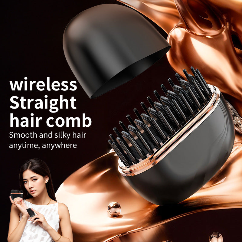 Wireless Portable Mini Straightening Comb with a woman using it on a dark background