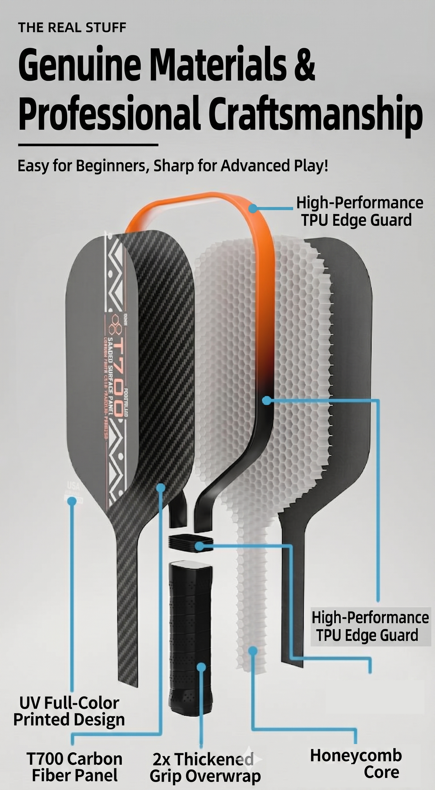 T700 16mm Carbon Fiber Pickleball Paddles.