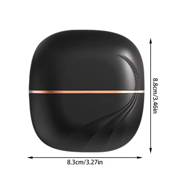 Black square-shaped product with a rose gold accent, shown with dimensions on a white background.