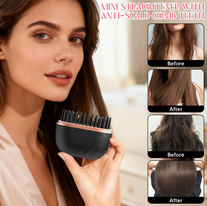 Woman holding a mini hair straightener with before and after images of hair.