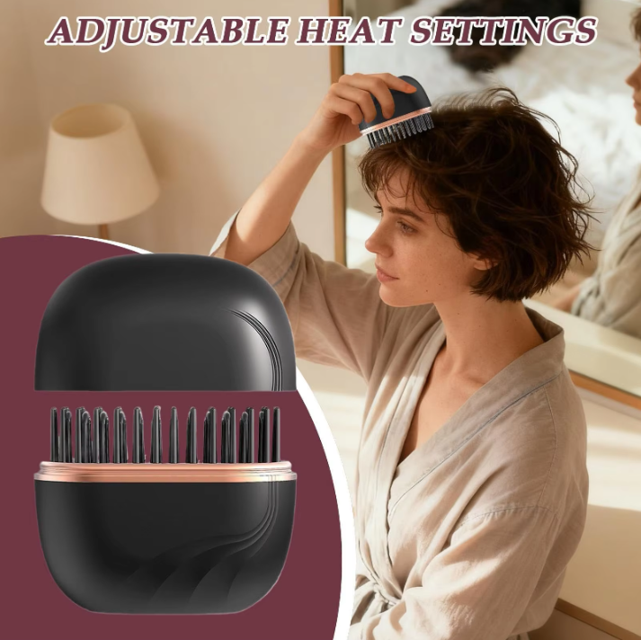 Woman using a hairbrush with adjustable heat settings, inset showing the product.