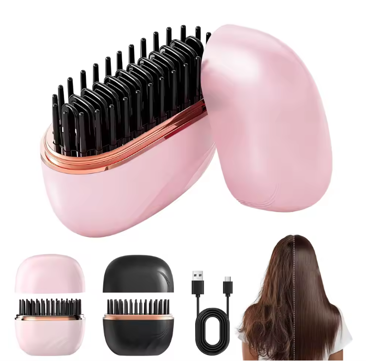 Pink Portable Mini Straightening Comb, USB cable, and a person with styled hair on a white background.