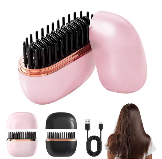 Pink Portable Mini Straightening Comb, USB cable, and a person with styled hair on a white background.
