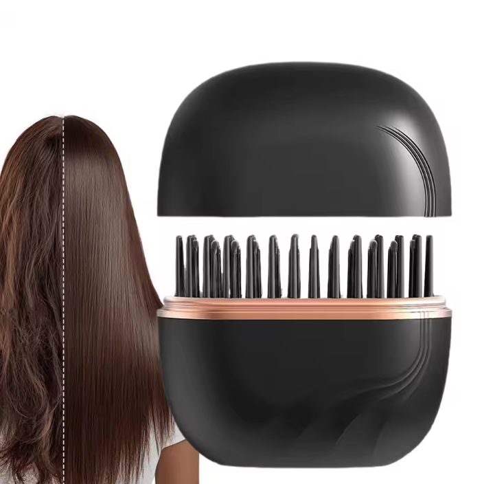 Black hair straightening comb with a person's hair on a white background